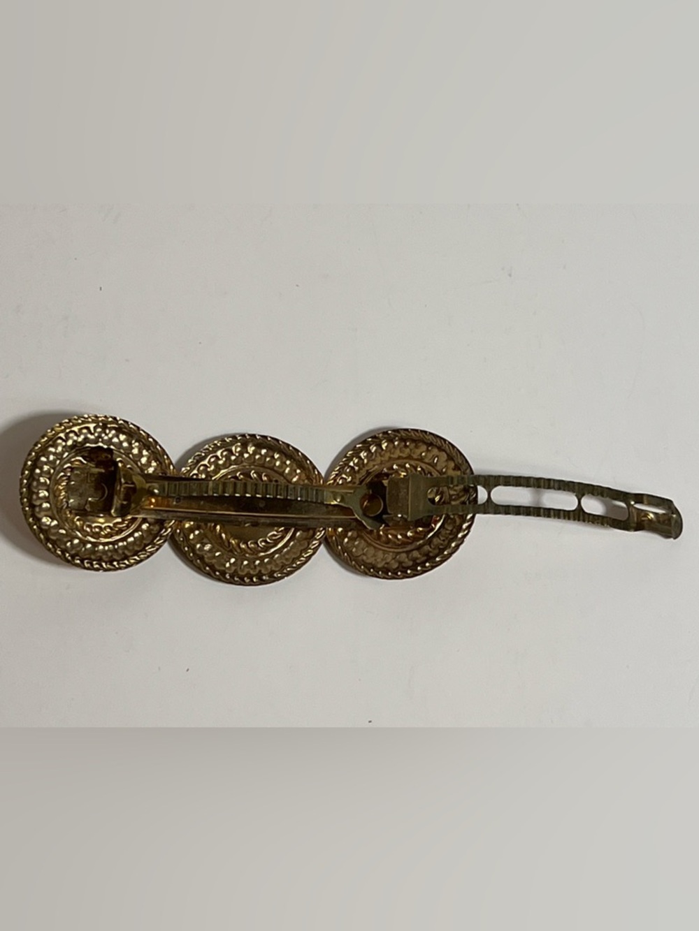 VTG Barrette Hair Clip Round Gold Toned Medallions Red Center Korea - Picture 7 of 7